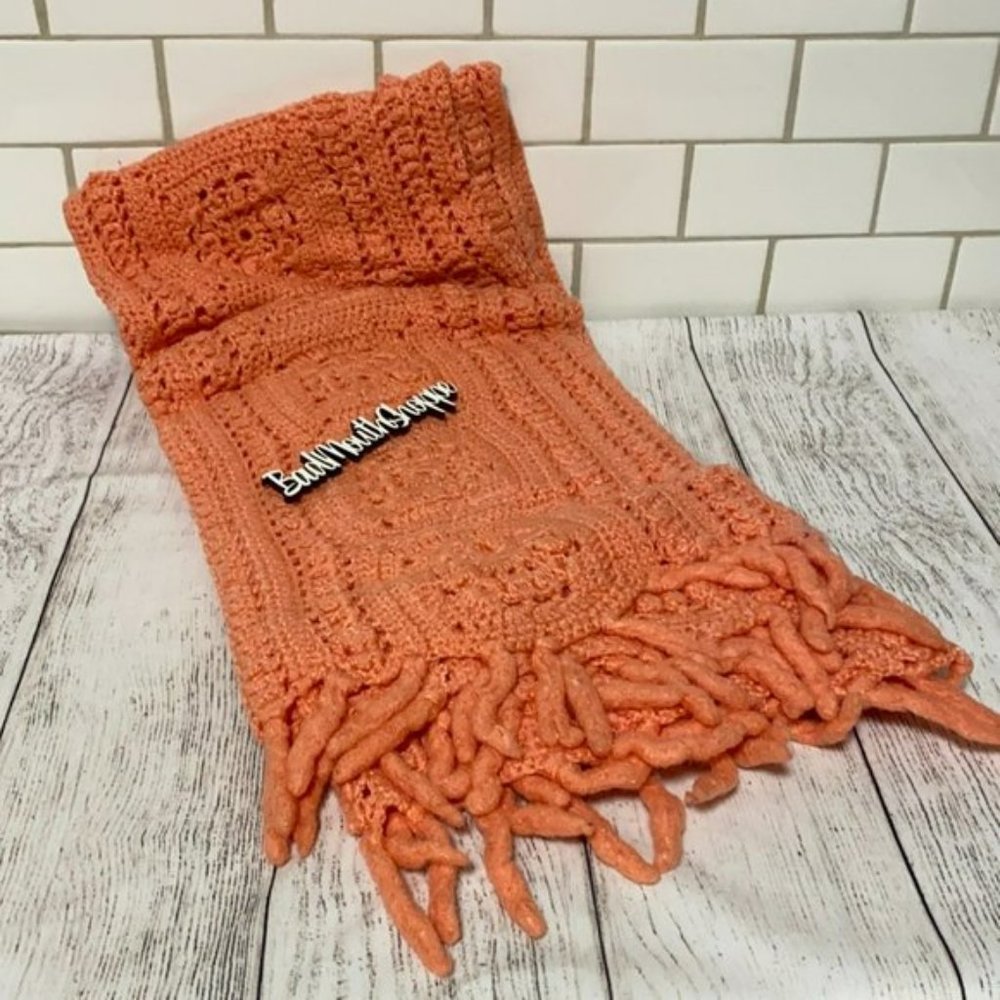 Vintage Afghan Crocheted Salmon Pink Orange Throw Blanket with Fringe